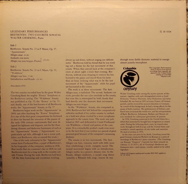 Walter Gieseking, Ludwig van Beethoven : Two Favorite Sonatas: Appassionata  - Waldstein (LP, RP)