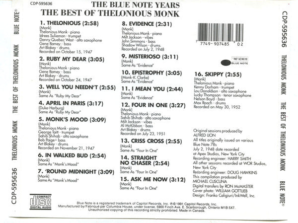 Thelonious Monk : The Best Of Thelonious Monk (CD, Comp, Club, RE)