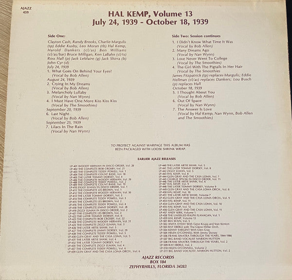 Hal Kemp : Hal Kemp, Volume 13 July 24, 1939 - October 18, 1939 (LP)