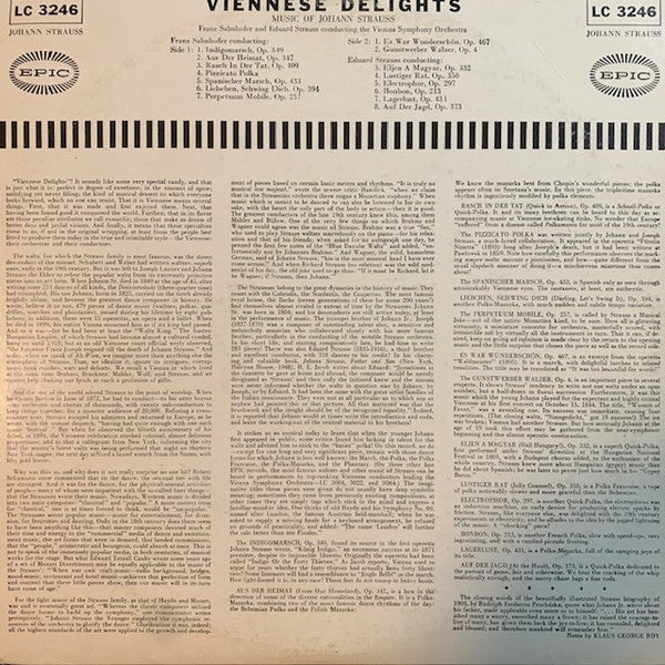 Johann Strauss Jr., Franz Salmhofer, Eduard Strauß (2) : Viennese Delights: The Music Of Johann Strauss, Franz Salmhofer And Eduard Strauss Conducting The Vienna Symphony Orchestra (LP)