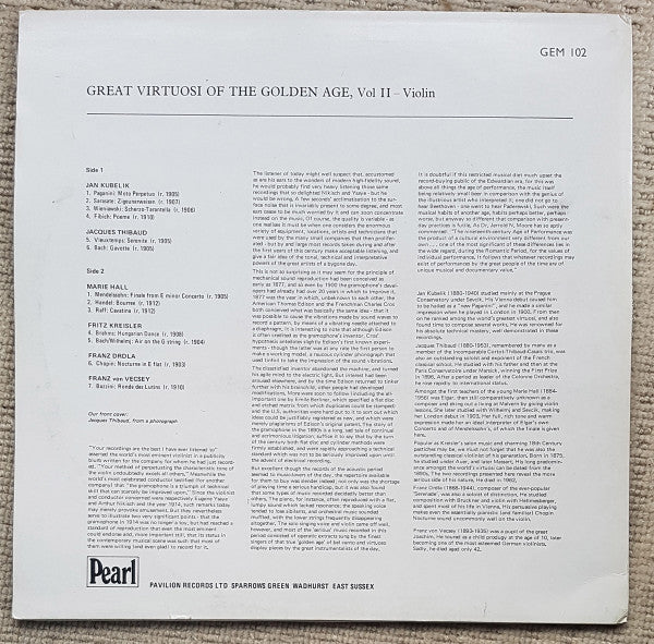 Jan Kubelík, Jacques Thibaud, Marie Hall, Fritz Kreisler, František Drdla, Ferenc Vecsey : Great Virtuosi Of The Golden Age, Vol II - Violin (LP, Comp, Mono)