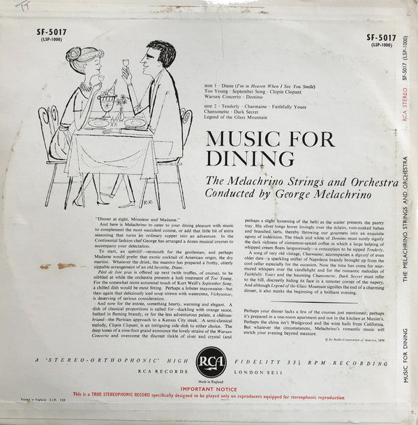 The Melachrino Strings : Music For Dining (LP, Album)