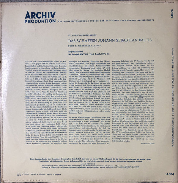 Johann Sebastian Bach - Ralph Kirkpatrick : 6 Englische Suiten (III): Nr. 5 e-moll, BWV 810 / Nr. 6 d-moll, BWV 811 (LP, Mono)