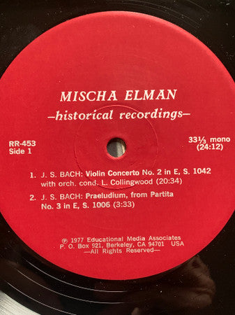 Pyotr Ilyich Tchaikovsky / Johann Sebastian Bach - Mischa Elman With Paul Paray Cond. Boston Symphony Orchestra / Lawrance Collingwood : Concerto In D, Op. 35 / Concerto In E, BWV 1042 (LP, Mono)