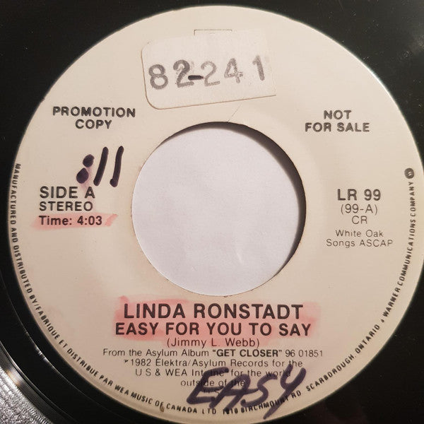 Linda Ronstadt : Easy For You To Say (7", Single, Promo)