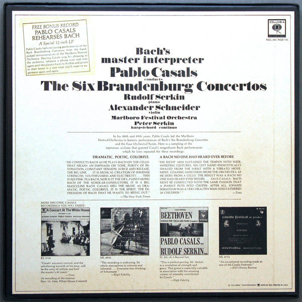 Johann Sebastian Bach / Pablo Casals Conducts Marlboro Festival Orchestra, Rudolf Serkin, Alexander Schneider, Peter Serkin : The Six Brandenburg Concertos (2xLP, Album, RE, Pit + Box)