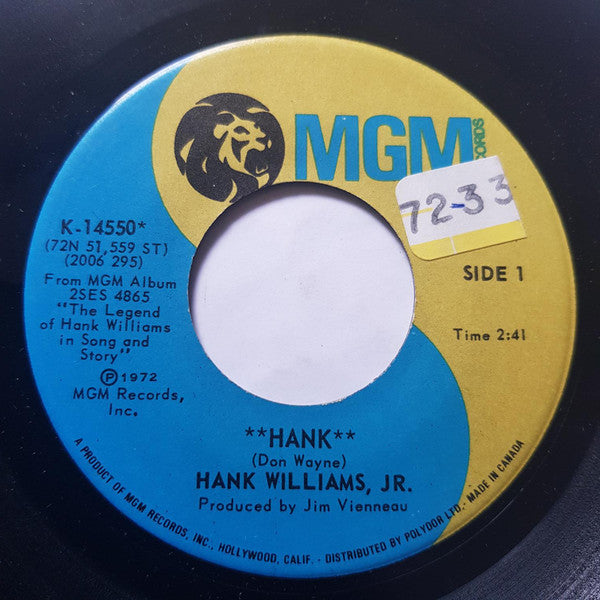 Hank Williams Jr. : Hank (7", Single)
