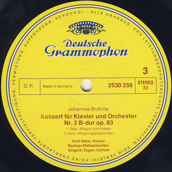 Johannes Brahms - Emil Gilels · Berliner Philharmoniker · Eugen Jochum : Klavierkonzert Nr. 2 B-dur Op. 83 (LP)