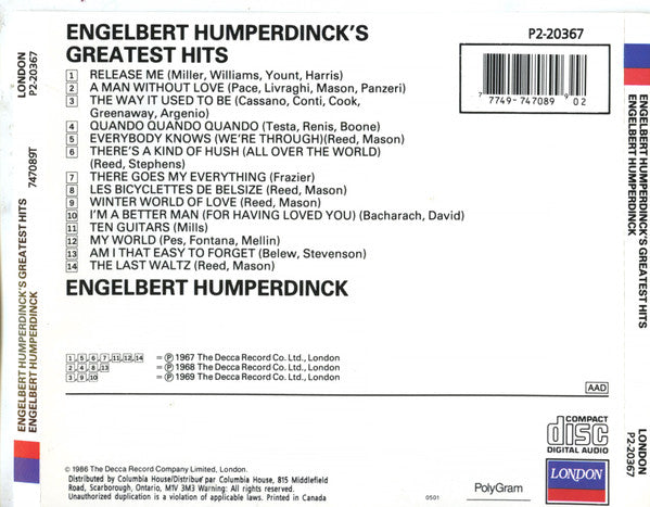 Engelbert Humperdinck : Engelbert Humperdinck's Greatest Hits (CD, Comp, Club, RE)