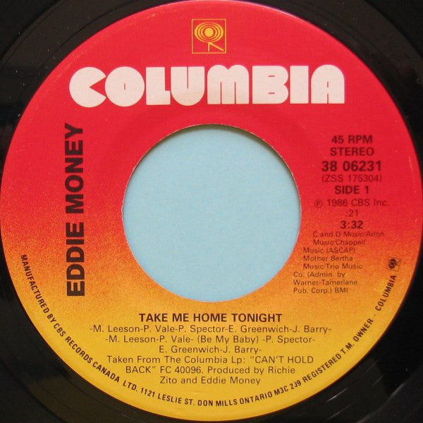 Eddie Money : Take Me Home Tonight (7", Single)