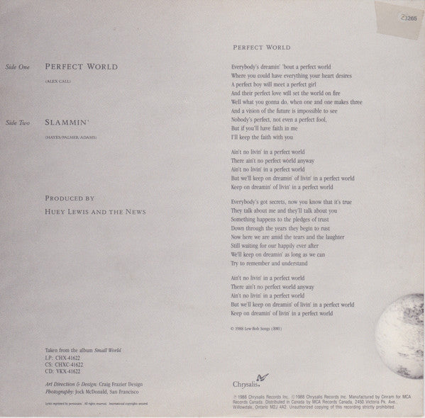 Huey Lewis & The News : Perfect World (7", Single)