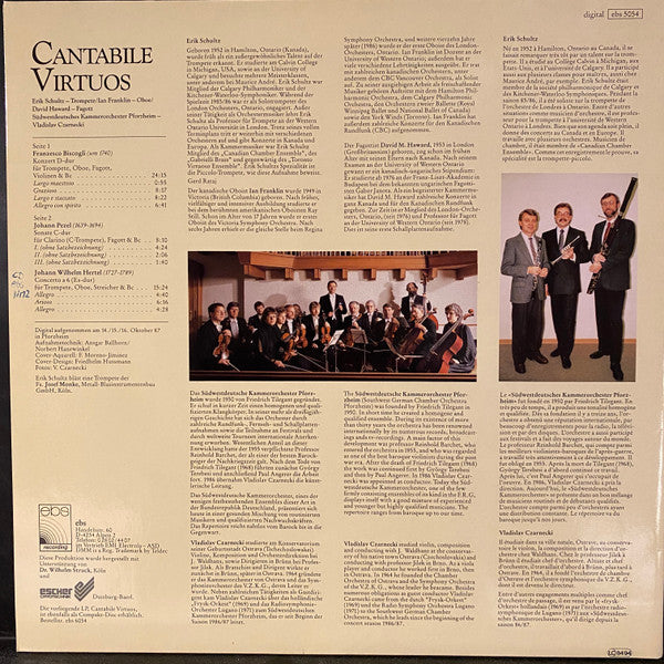 Erik Schultz Trompete, Ian Franklin (2) Oboe, David M. Haward Fagott, Südwestdeutsches Kammerorchester, Vladislav Czarnecki : Cantabile Virtuos - Konzerte Für Trompete, Oboe, Fagott, Streicher & Bc - Biscogli, Hertel, Pezel (LP)