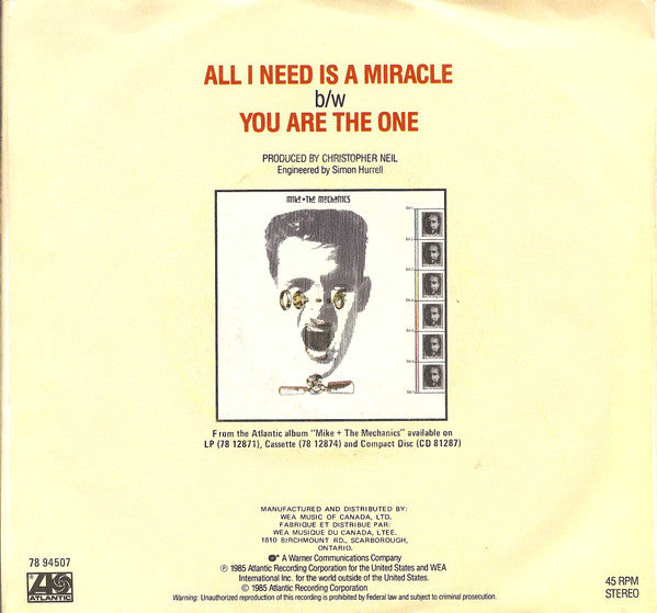 Mike + The Mechanics* : All I Need Is A Miracle (7", Single)