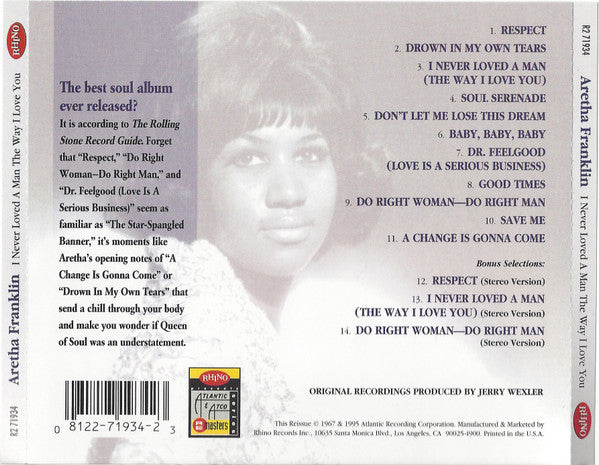Aretha Franklin : I Never Loved A Man The Way I Love You (CD, Album, Mono, RE, RM)