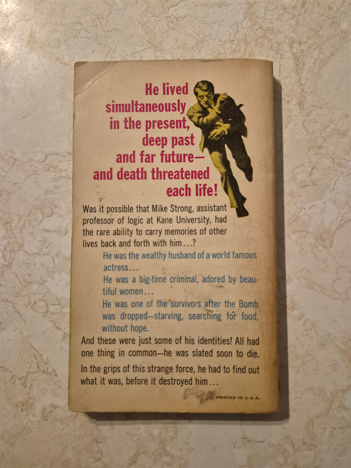 Back cover of The Scheme of Things by Lester del Rey with synopsis and wear