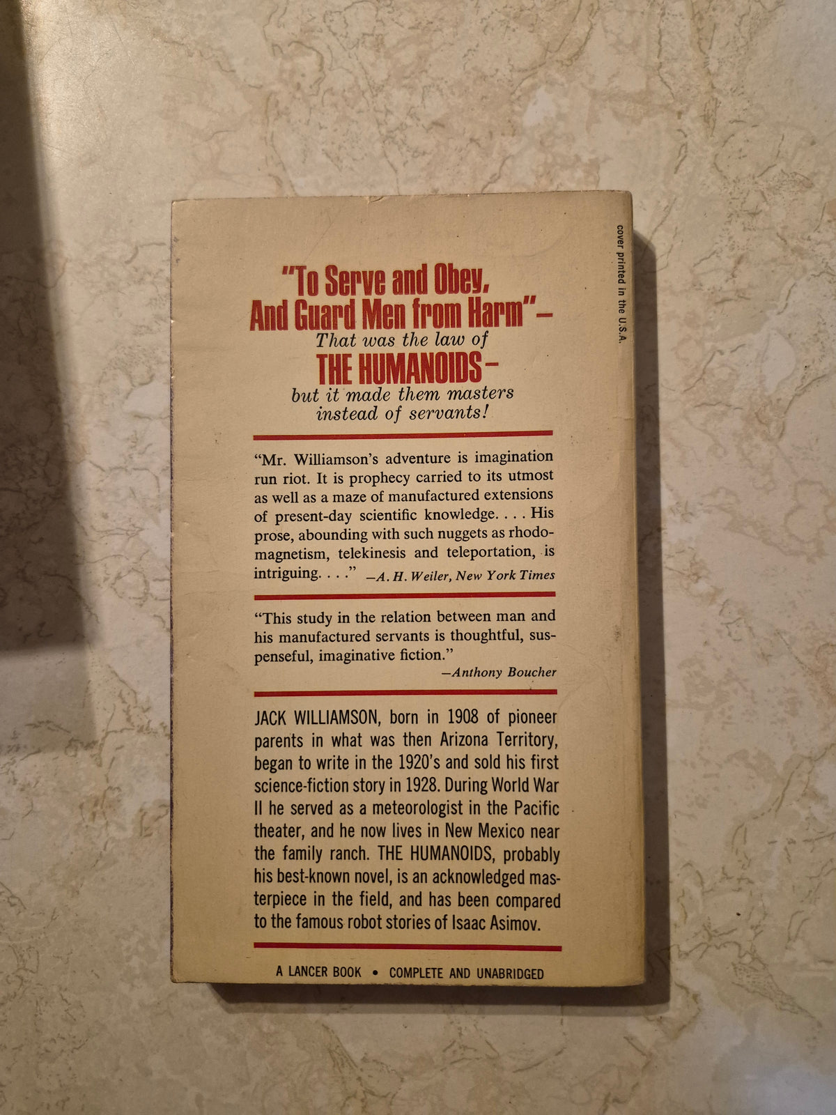 Back cover of The Humanoids by Jack Williamson with review quotes and author biography