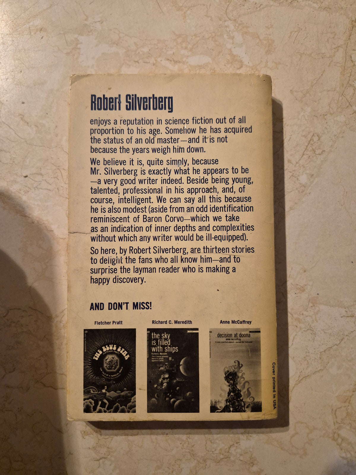 Back cover of Dimension Thirteen by Robert Silverberg describing thirteen stories