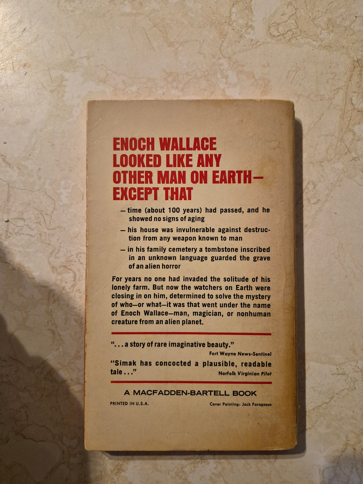 Back cover of Way Station by Clifford D. Simak with Enoch Wallace synopsis