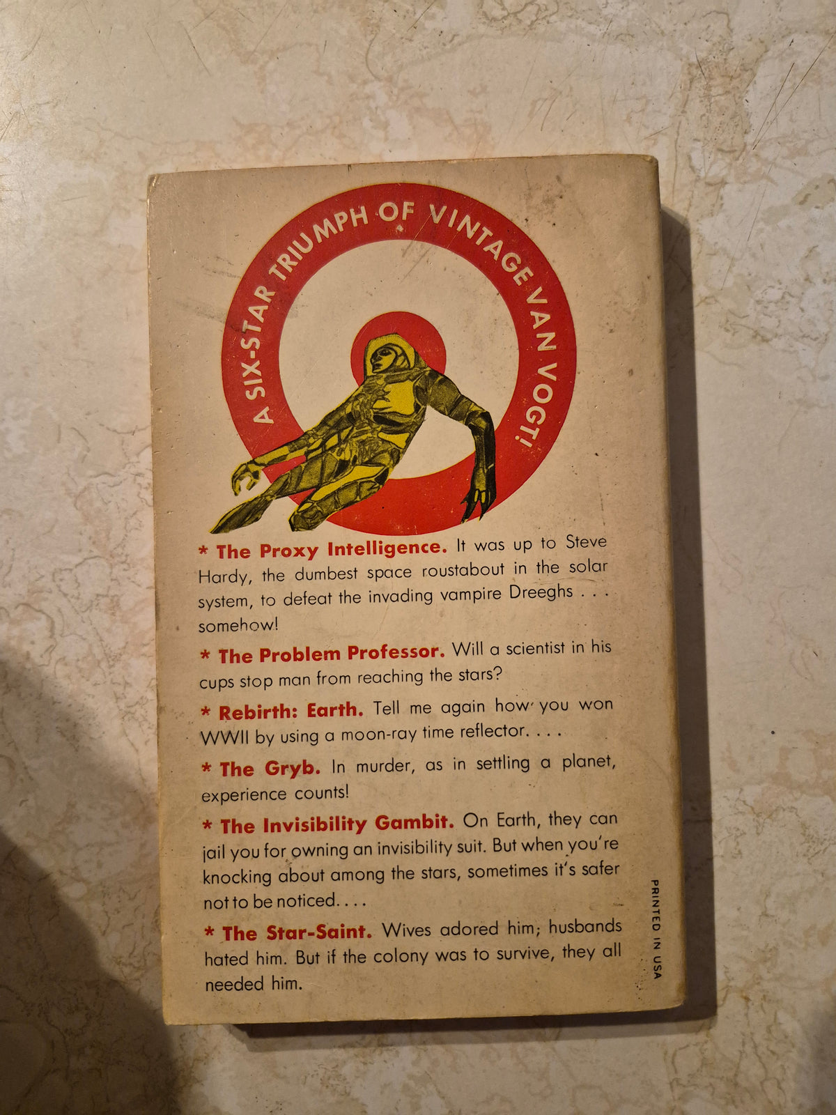 Back cover of The Proxy Intelligence and Other Mind Benders listing six stories