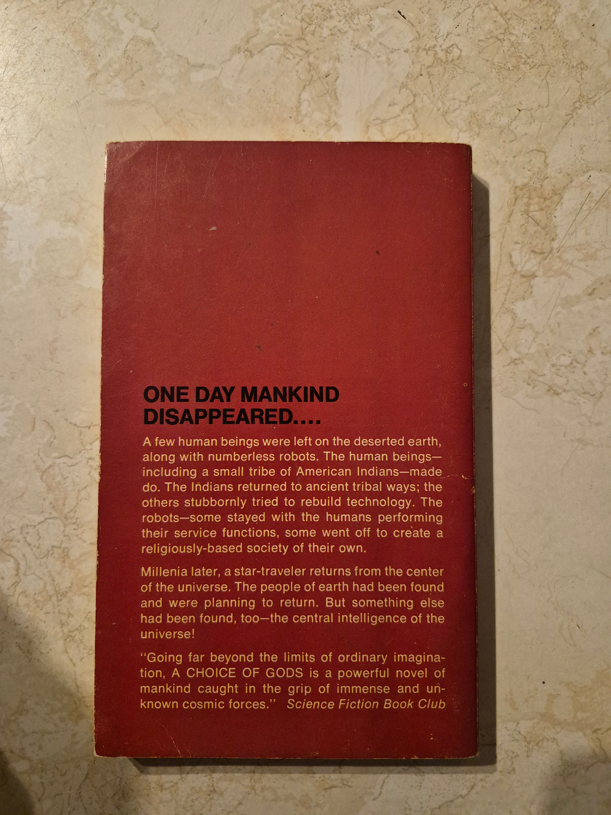 Back cover of A Choice of Gods by Clifford D. Simak with synopsis