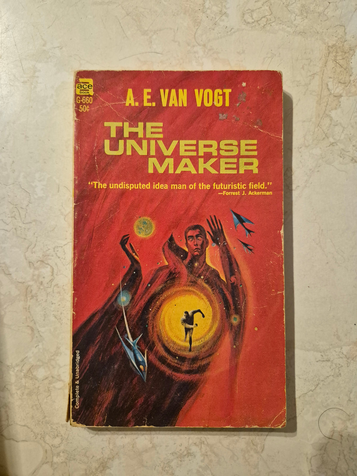 Front cover of The Universe Maker by A.E. van Vogt with wear and possible removed-sticker residue