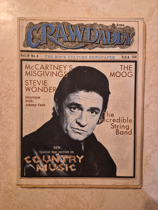 Crawdaddy Volume IV Number 6 front cover with Johnny Cash interview and music feature headlines