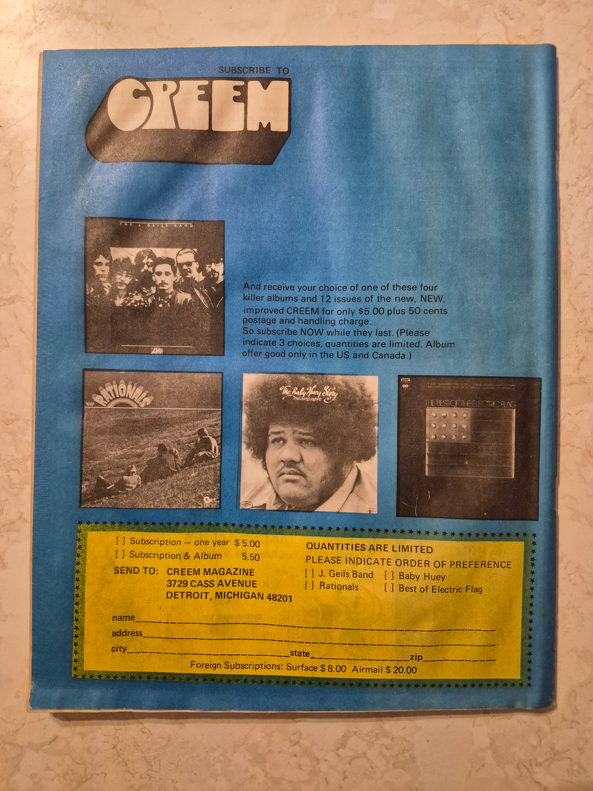 CREEM May 1971 back cover with subscription advertisement