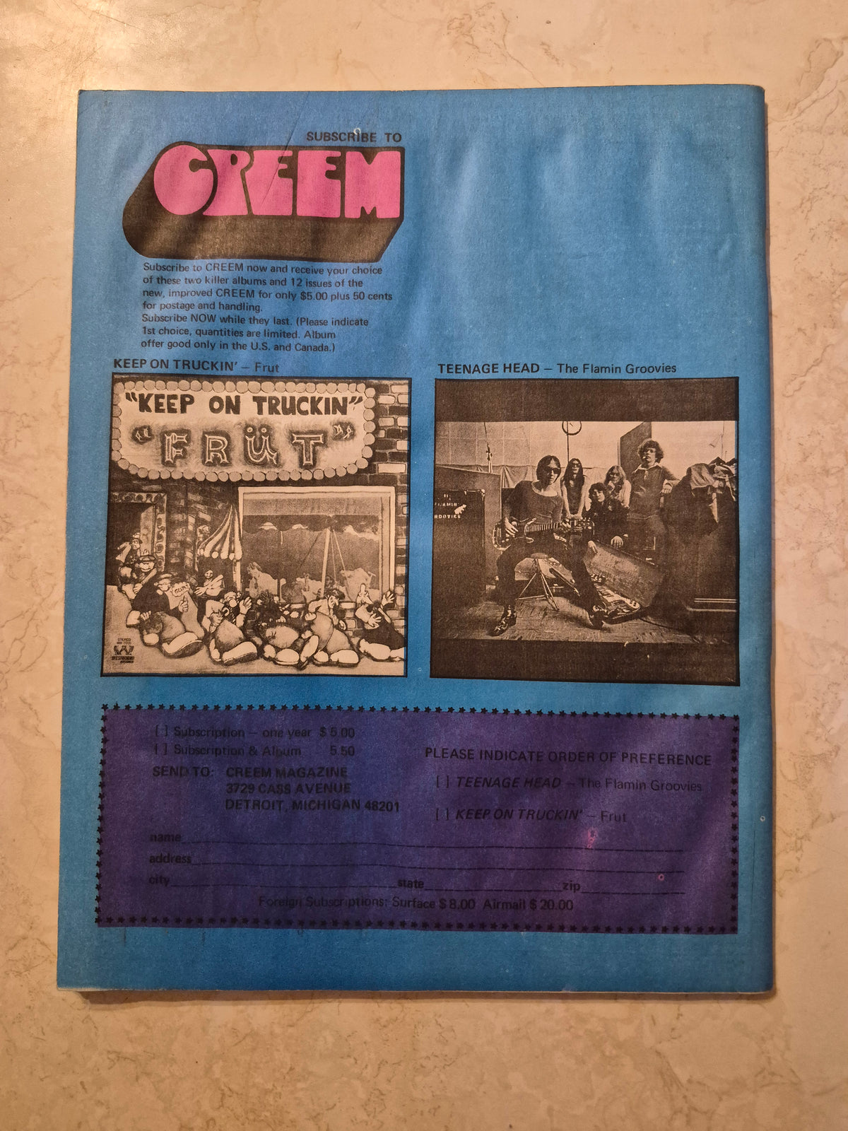 CREEM June 1971 back cover with Früt and Flamin Groovies subscription offers