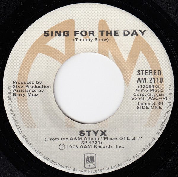 Styx : Sing For The Day (7", Single)