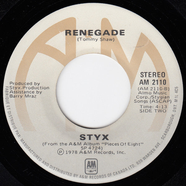 Styx : Sing For The Day (7", Single)