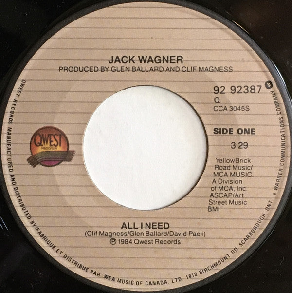 Jack Wagner : All I Need (7", Single)