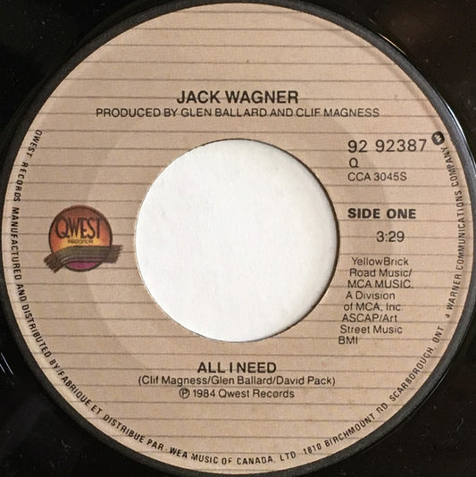 Jack Wagner : All I Need (7", Single)