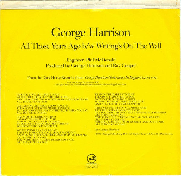 George Harrison : All Those Years Ago (7", Single, Pic)