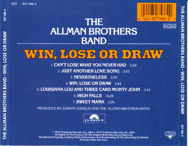The Allman Brothers Band : Win, Lose Or Draw (CD, Album, RE)