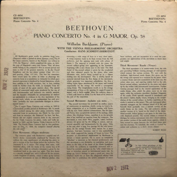 Ludwig van Beethoven, Wilhelm Backhaus, Wiener Philharmoniker, Hans Schmidt-Isserstedt : Piano Concerto No. 4 In G Major Op. 58 (LP)