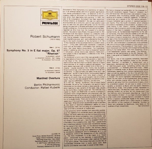 Robert Schumann, Berliner Philharmoniker & Rafael Kubelik : Symphony No. 3 "Rhenish," Manfred Overture (LP, RE)