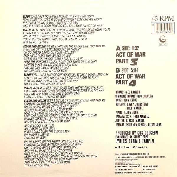Elton John / Millie Jackson : Act Of War (12", Maxi)