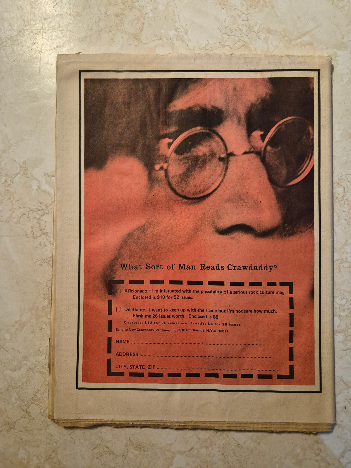 Back cover of vintage Crawdaddy newspaper with subscription advertisement