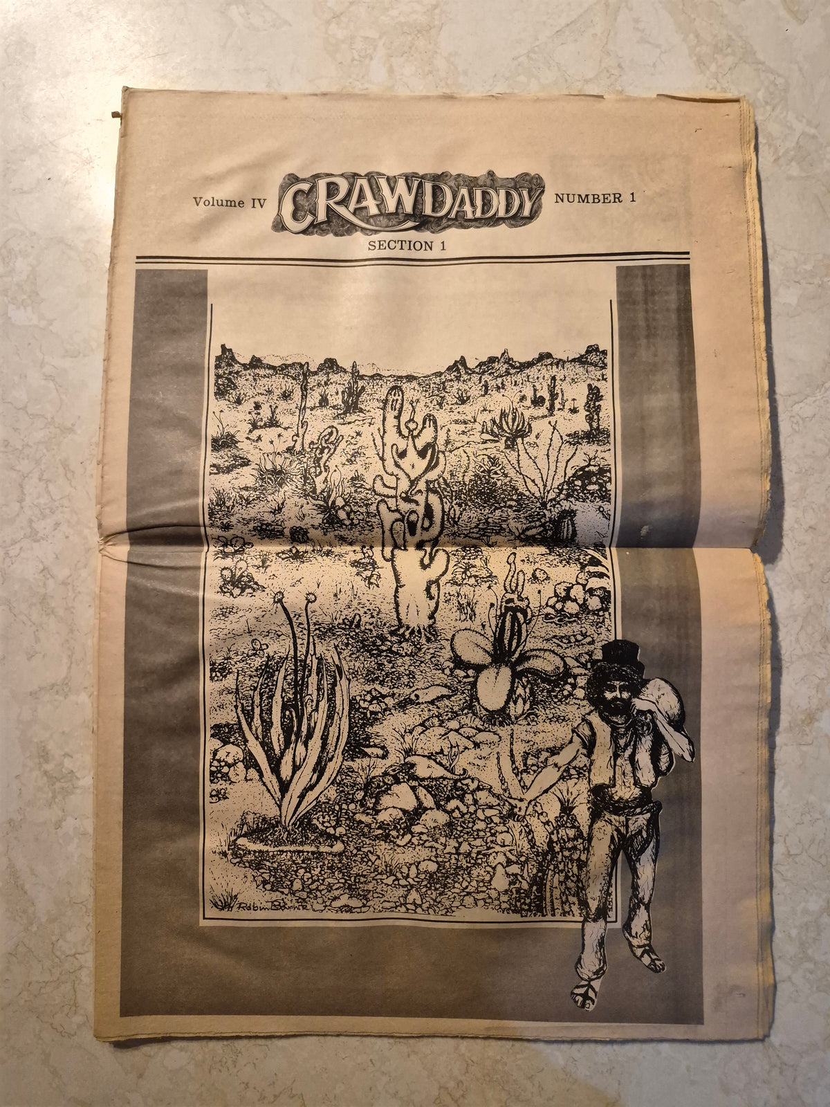 Crawdaddy Volume IV Number 1 interior artwork with visible horizontal fold