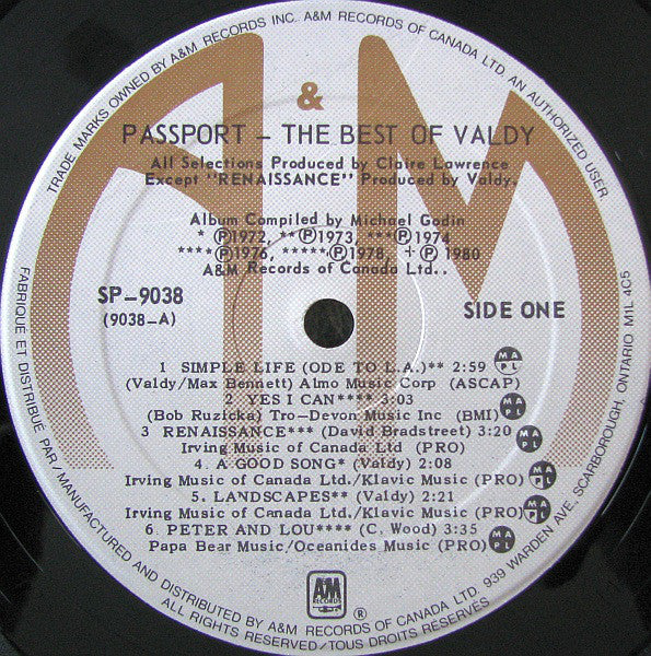 Valdy : Passport - The Best Of Valdy (LP, Comp)
