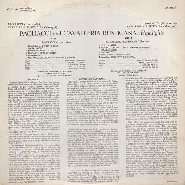 Mario Del Monaco . Giulietta Simionato . Tullio Serafin . Cornell Macneil, Gabriella Tucci, Francesco Molinari-Pradelli : Cavalleria Rusticana (Highlights) / I Pagliacci (Highlights) (LP)