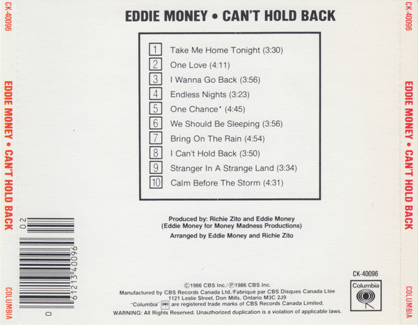 Eddie Money : Can't Hold Back (CD, Album)