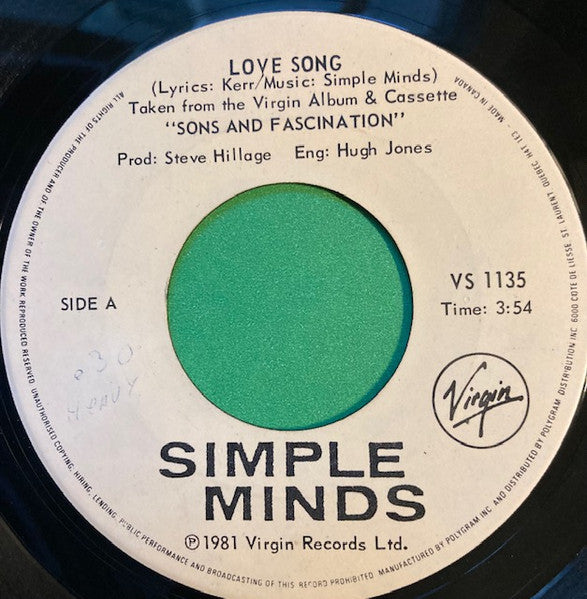Simple Minds : Love Song (7", Single)