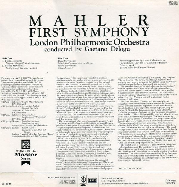 Mahler* / London Philharmonic Orchestra Conducted By Gaetano Delogu : Symphony No. 1 In D Major (LP)
