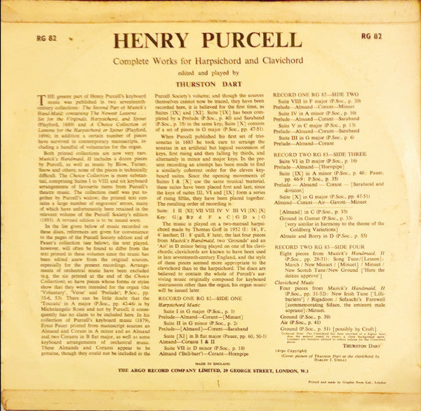 Thurston Dart : Henry Purcell, Complete Keyboard Works, Record 1 (LP, Mono)