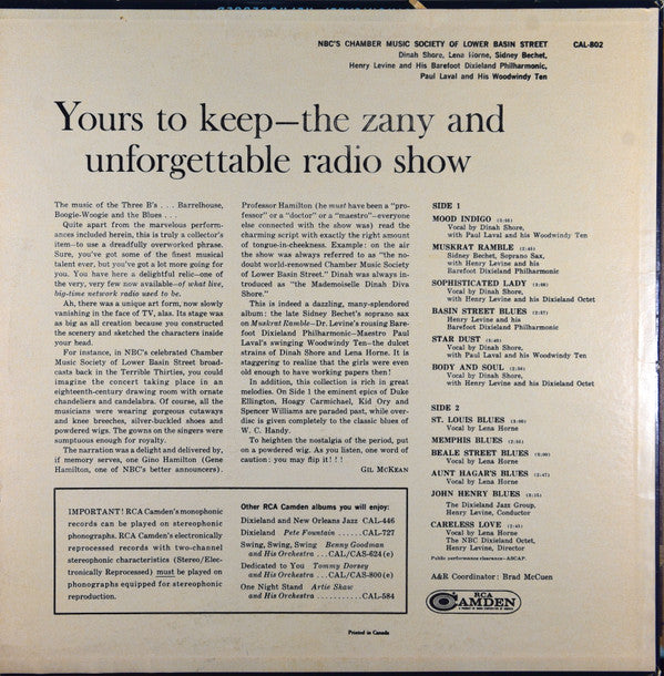 Dinah Shore, Lena Horne, Sidney Bechet, Dr Henry Levine's Barefooted Dixieland Philharmonic, Paul Lavalle And His Woodwindy Ten : NBC's Chamber Music Society Of Lower Basin Street (LP, Comp, Mono)
