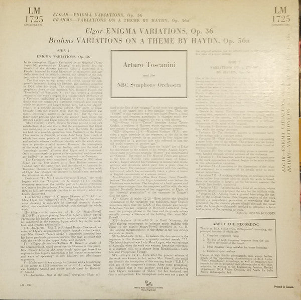 Sir Edward Elgar / Johannes Brahms – Arturo Toscanini : Enigma Variations, Op. 36 / Variations On A Theme By Haydn, Op. 56a (LP, Mono)