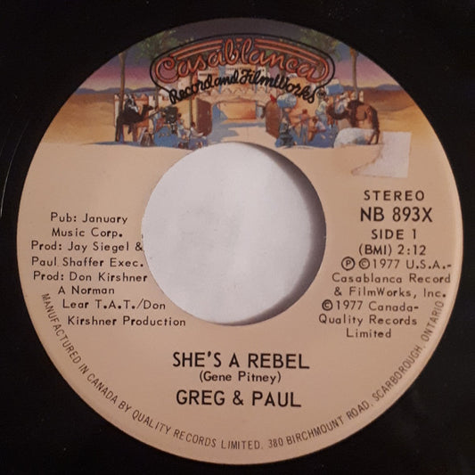 Greg Evigan & Paul Shaffer : She's A Rebel (7", Single)