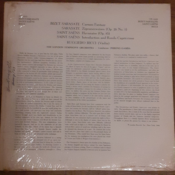 Ruggiero Ricci, Pierino Gamba, London Symphony Orchestra : Carmen Fantaisie / Zigeunerweisen / Havanaise / Introduction And Rondo Capriccioso (LP, Album, RE)