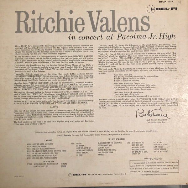 Ritchie Valens : In Concert At Pacoima Jr. High (LP, Mono, RE)